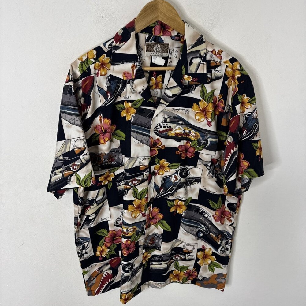 Kalaheo Hawaiian Shirt Men‎ L WWII Pinup Planes Aloha Button Up B-52 Bomber
